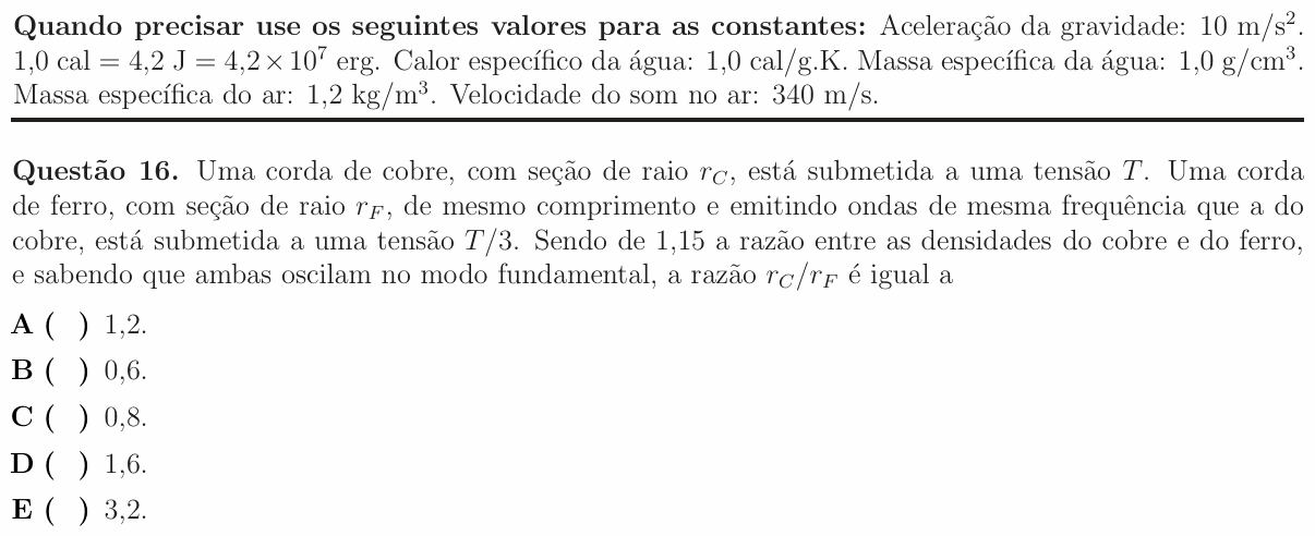 Enunciado da questão 16 de Física do ITA 2016