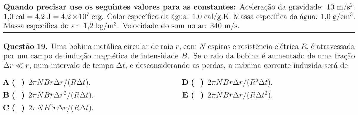 Enunciado da questão 19 de Física do ITA 2016