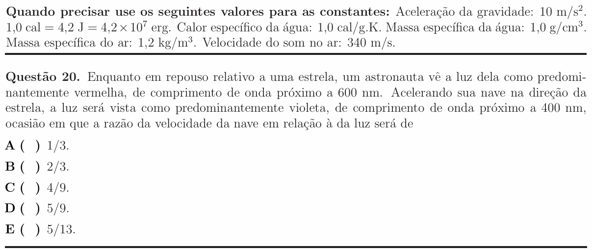 Enunciado da questão 20 de Física do ITA 2016