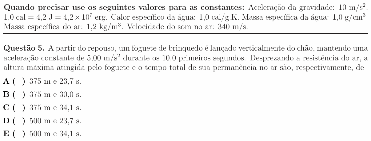 Enunciado da questão 5 de Física do ITA 2016