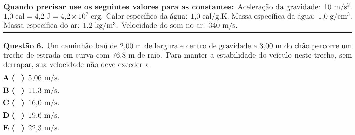 Enunciado da questão 6 de Física do ITA 2016