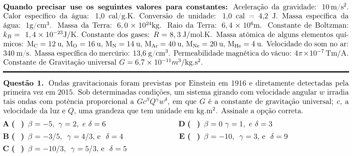 Enunciado da questão 1 de Física do ITA 2017