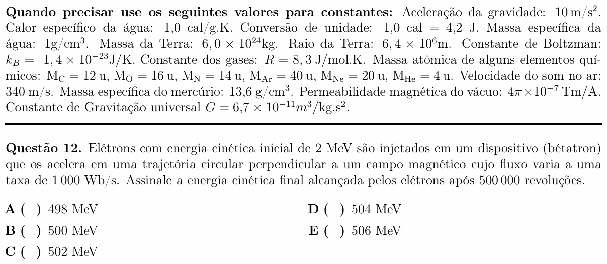 Enunciado da questão 12 de Física do ITA 2017