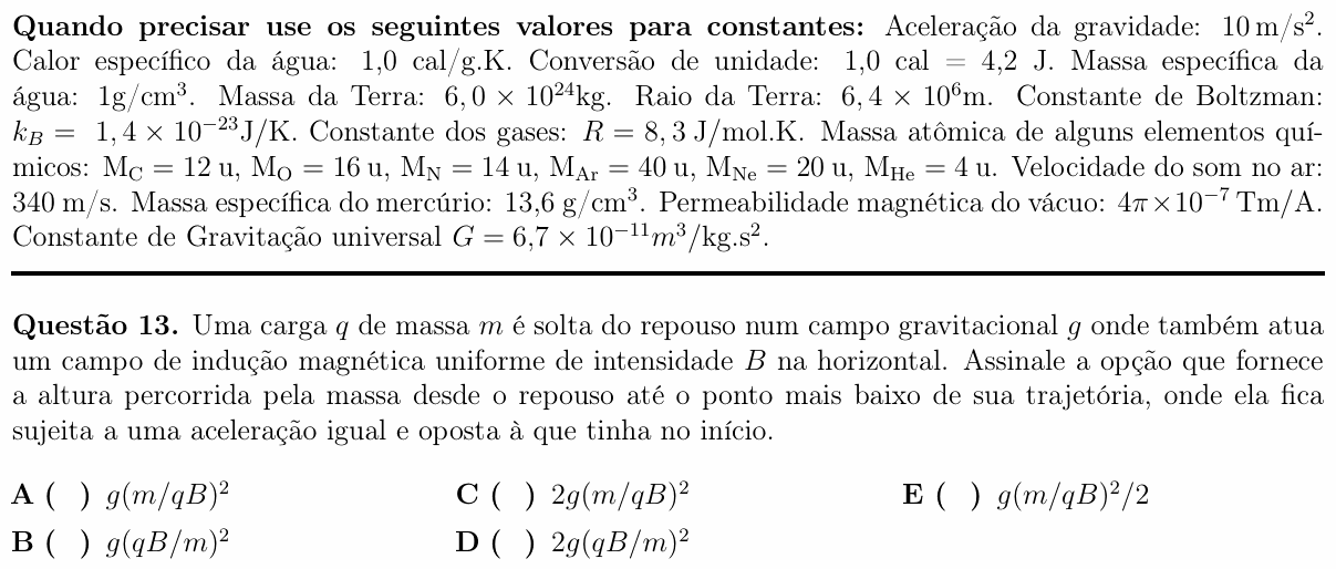 Enunciado da questão 13 de Física do ITA 2017