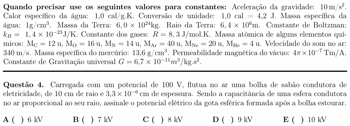 Enunciado da questão 4 de Física do ITA 2017