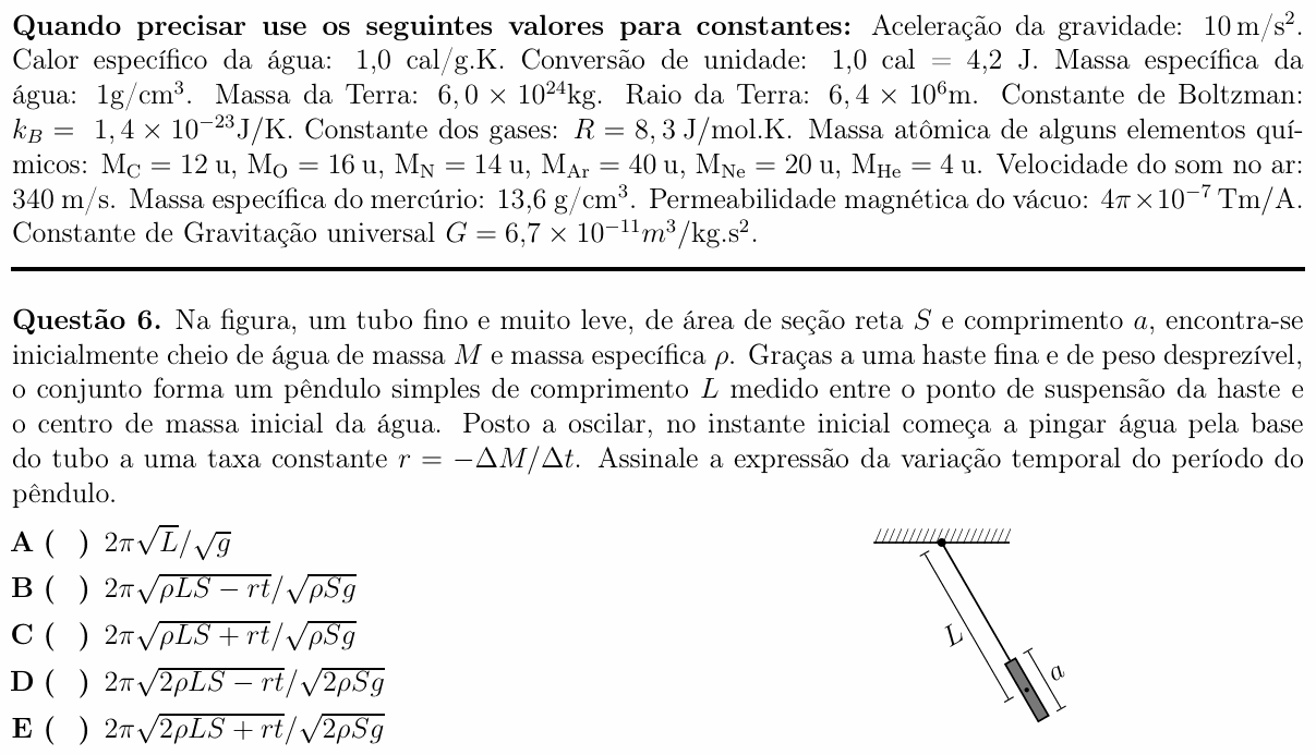 Enunciado da questão 6 de Física do ITA 2017