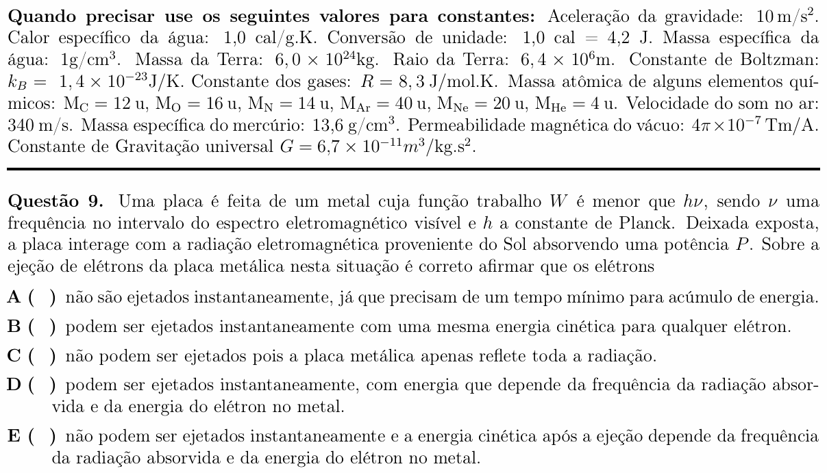 Enunciado da questão 9 de Física do ITA 2017