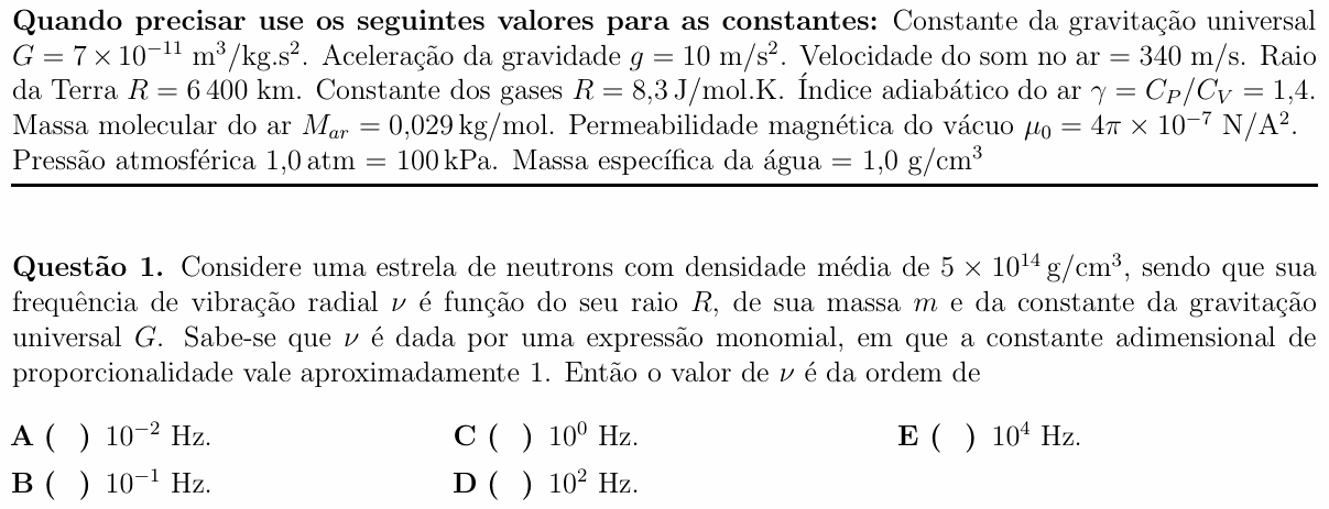 Enunciado da questão 1 de Física do ITA 2018