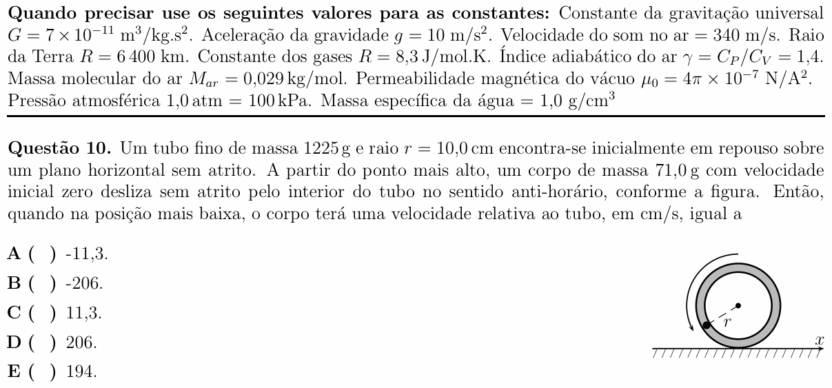 Enunciado da questão 10 de Física do ITA 2018