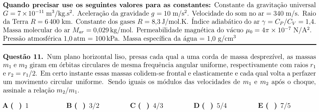 Enunciado da questão 11 de Física do ITA 2018