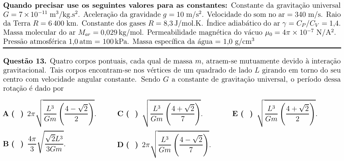 Enunciado da questão 13 de Física do ITA 2018