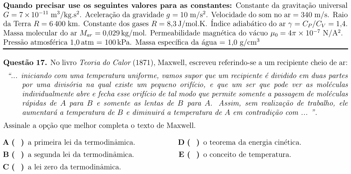 Enunciado da questão 17 de Física do ITA 2018
