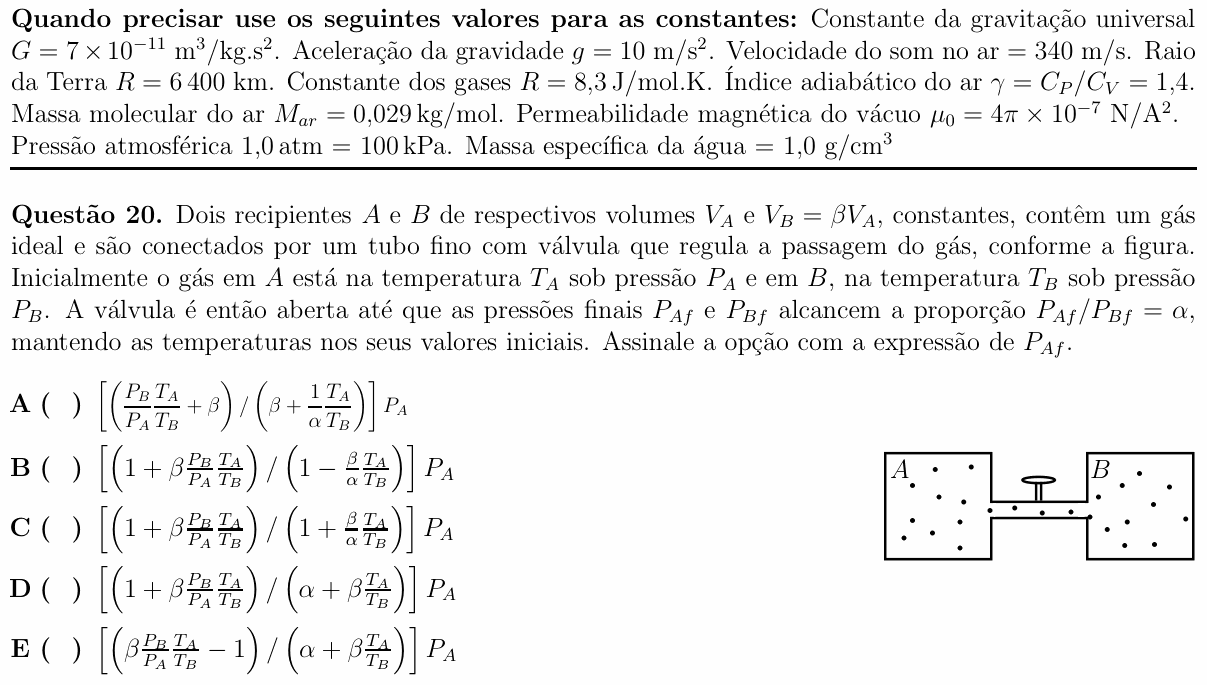 Enunciado da questão 20 de Física do ITA 2018