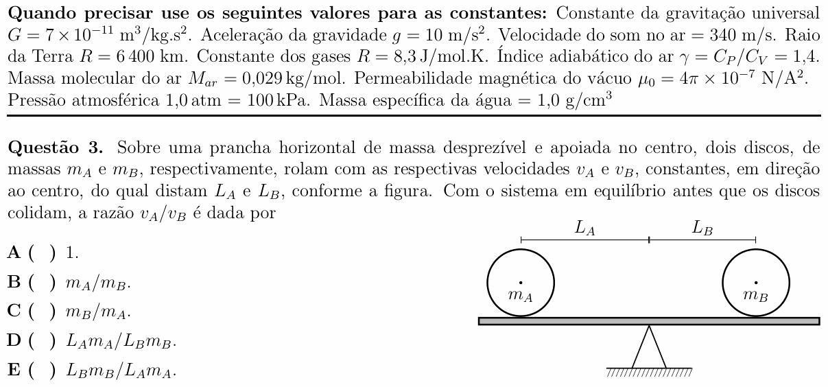 Enunciado da questão 3 de Física do ITA 2018