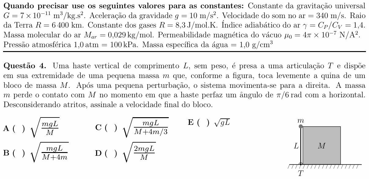 Enunciado da questão 4 de Física do ITA 2018