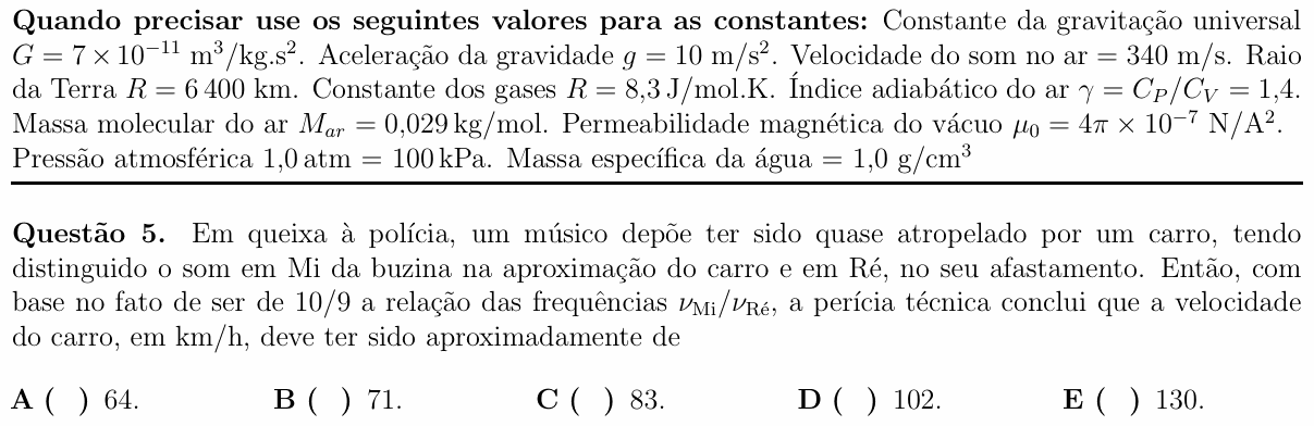 Enunciado da questão 5 de Física do ITA 2018