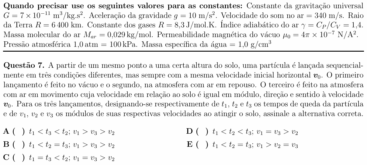 Enunciado da questão 7 de Física do ITA 2018