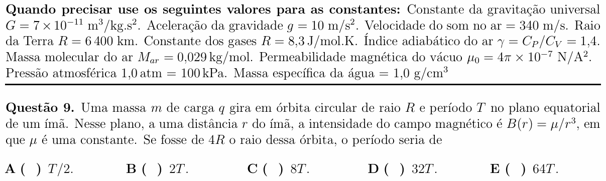 Enunciado da questão 9 de Física do ITA 2018