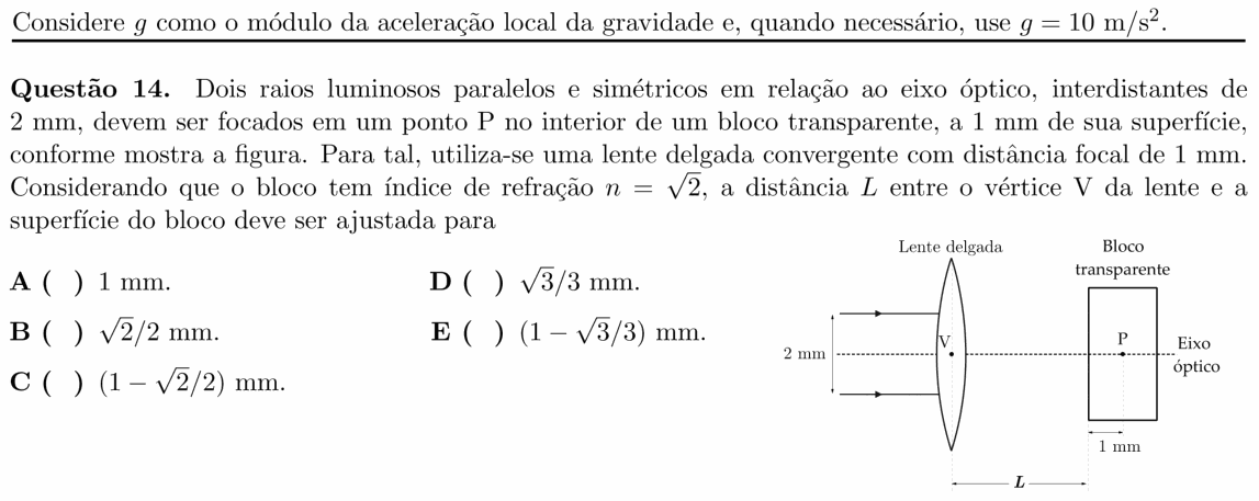 Enunciado da questão 14 de Física do ITA 2020