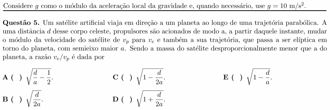 Enunciado da questão 5 de Física do ITA 2020