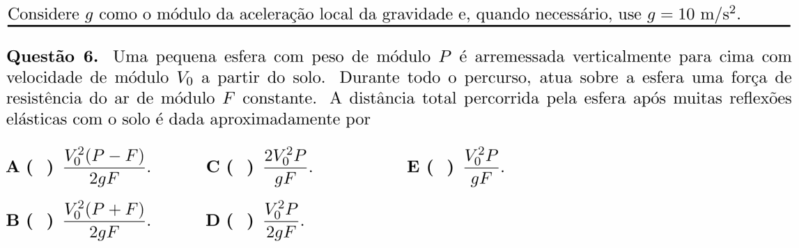 Enunciado da questão 6 de Física do ITA 2020