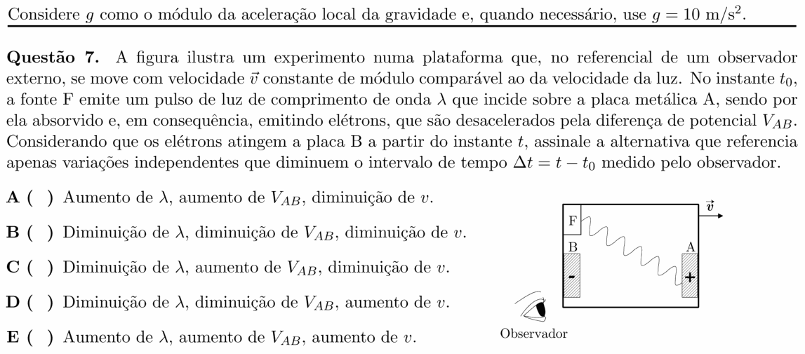 Enunciado da questão 7 de Física do ITA 2020