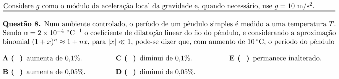 Enunciado da questão 8 de Física do ITA 2020