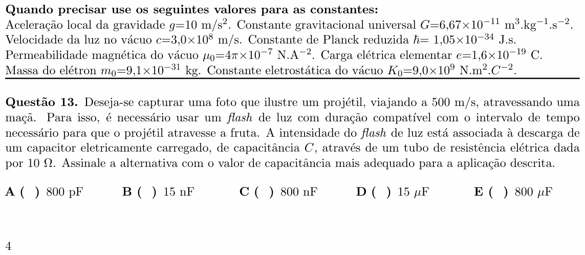 Enunciado da questão 13 de Física do ITA 2021