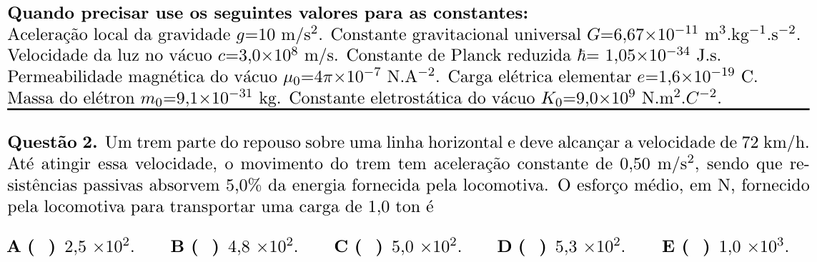 Enunciado da questão 2 de Física do ITA 2021