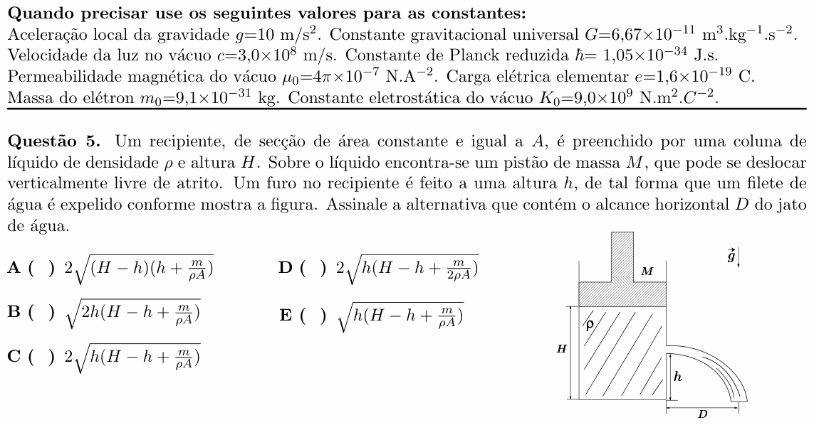Enunciado da questão 5 de Física do ITA 2021