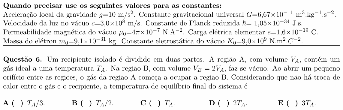 Enunciado da questão 6 de Física do ITA 2021