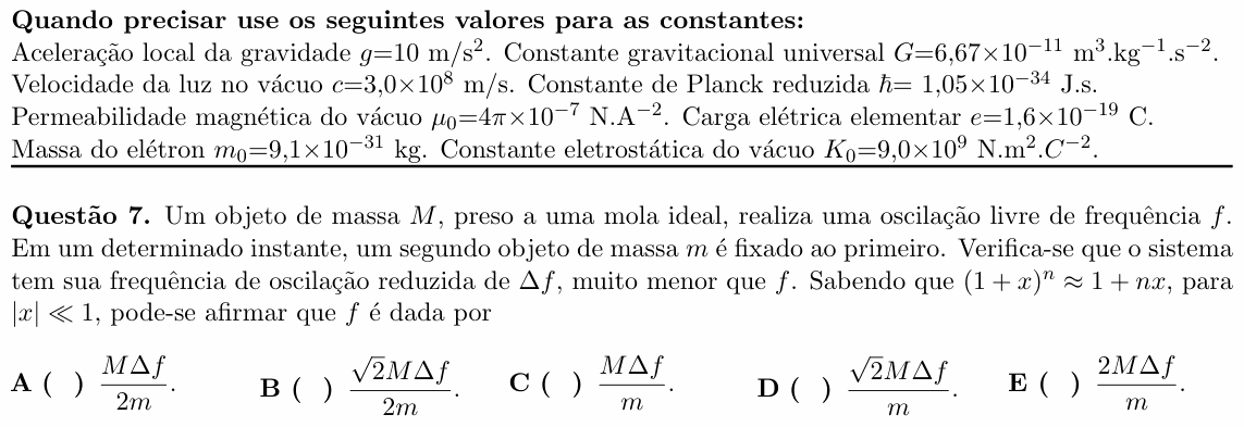 Enunciado da questão 7 de Física do ITA 2021