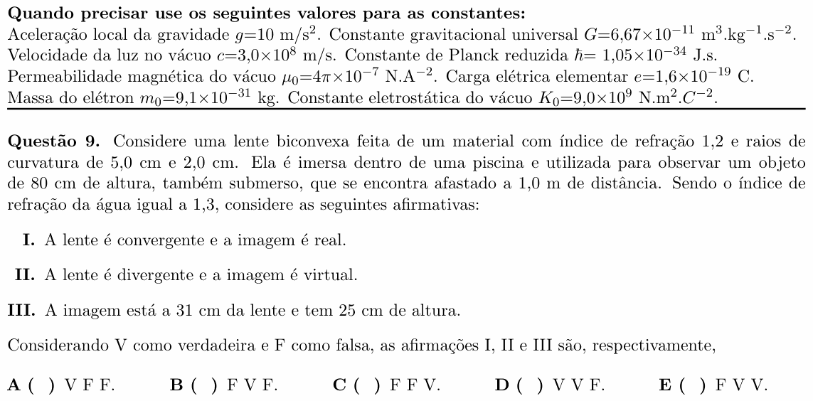 Enunciado da questão 9 de Física do ITA 2021