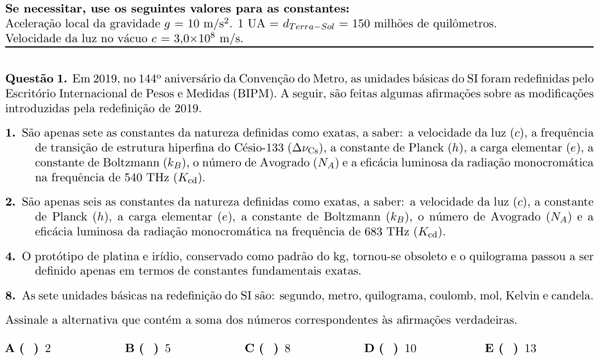 Enunciado da questão 1 de Física do ITA 2022