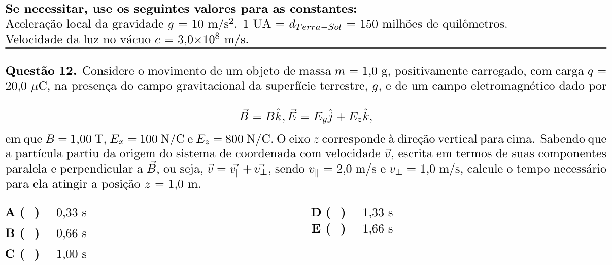 Enunciado da questão 12 de Física do ITA 2022