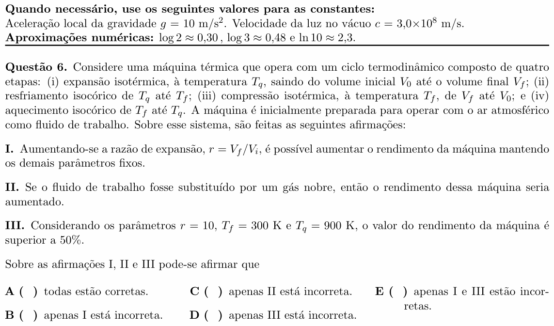 Enunciado da questão 6 de Física do ITA 2023