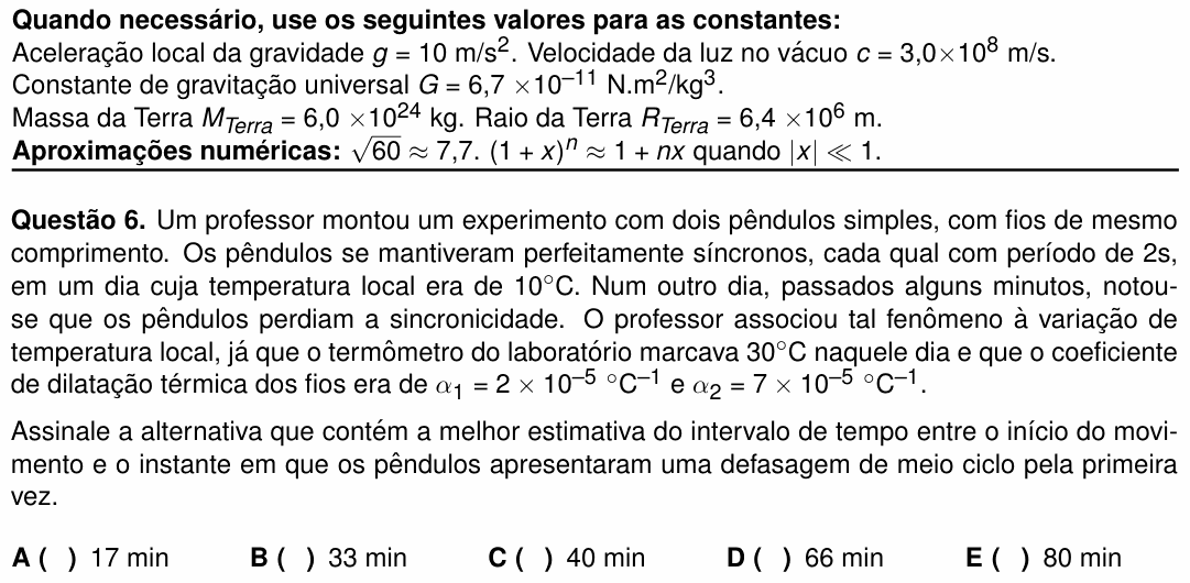 Enunciado da questão 6 de Física do ITA 2024