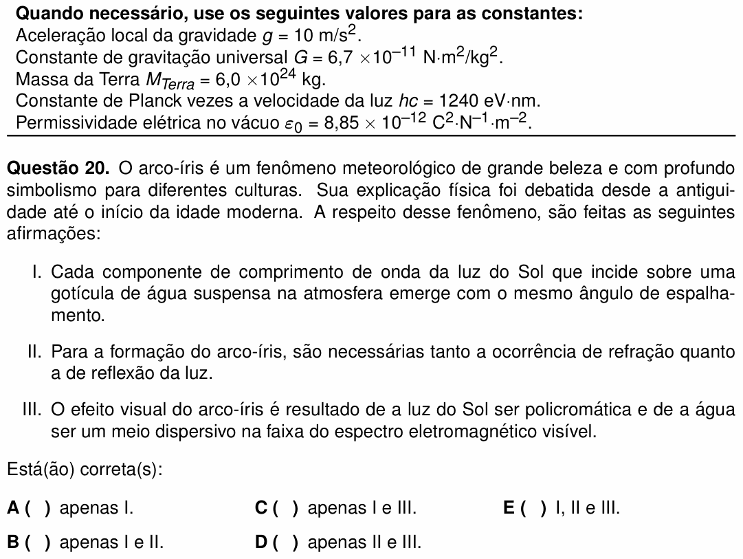 Enunciado da questão 20 de Física do ITA 2025