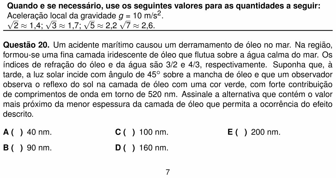 Enunciado da questão 20 de Física do ITA 2026