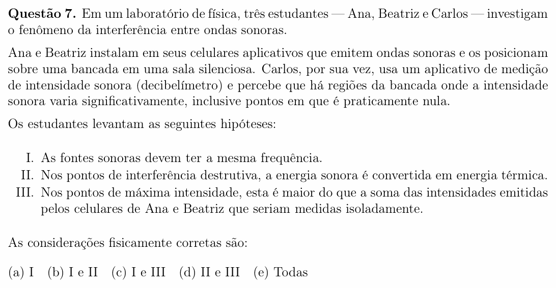 Enunciado da questão 7 de Física do OBF 2025 (1ª fase, Nível II)