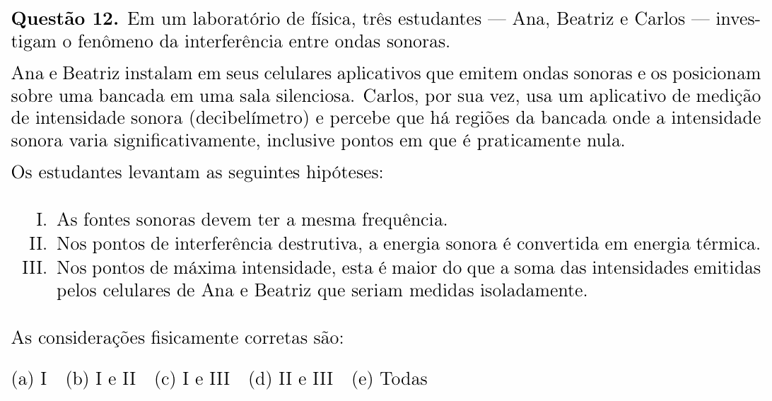 Enunciado da questão 12 de Física do OBF 2025 (1ª fase, Nível III)