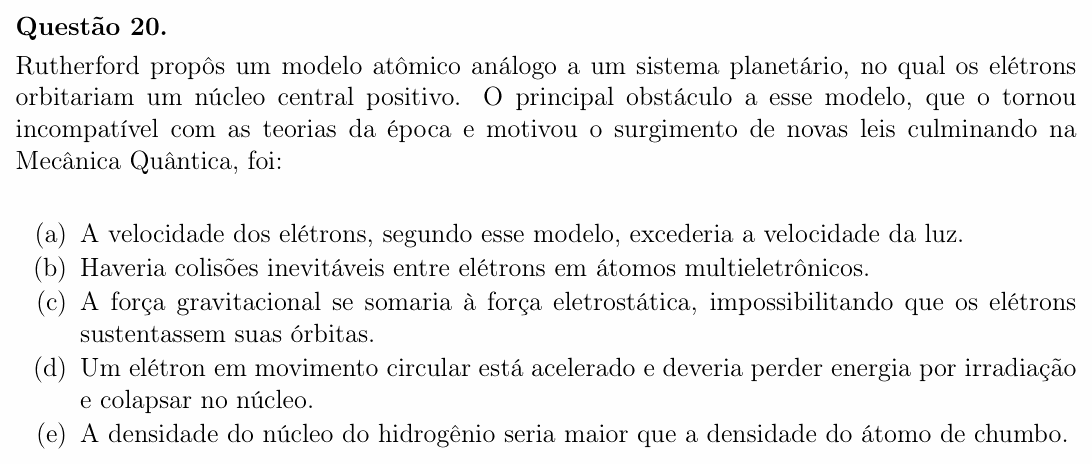 Enunciado da questão 20 de Física do OBF 2025 (1ª fase, Nível III)