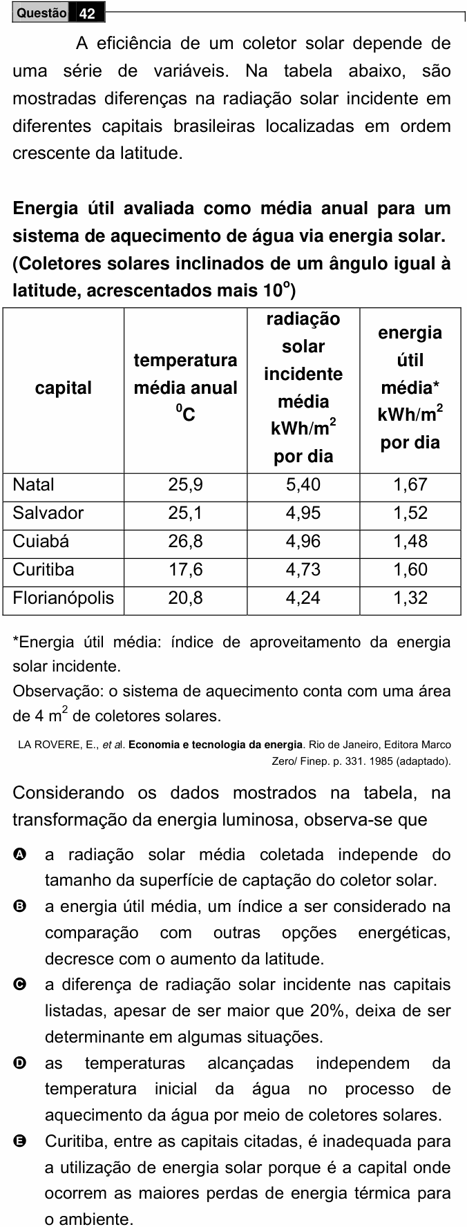 Enunciado da questão 42 de Física do ENEM 2009 PPL