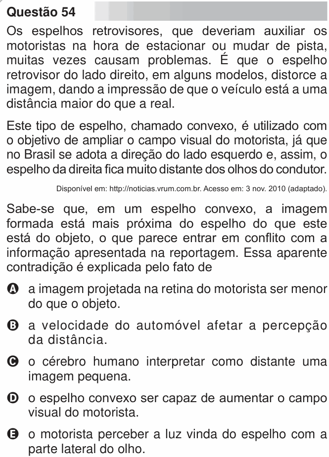 Enunciado da questão 54 de Física do ENEM 2010 PPL