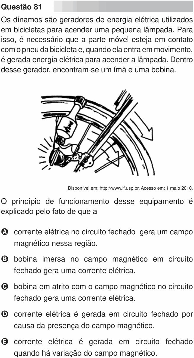 Enunciado da questão 81 de Física do ENEM 2010 PPL