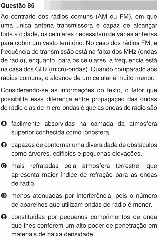 Enunciado da questão 85 de Física do ENEM 2010 PPL