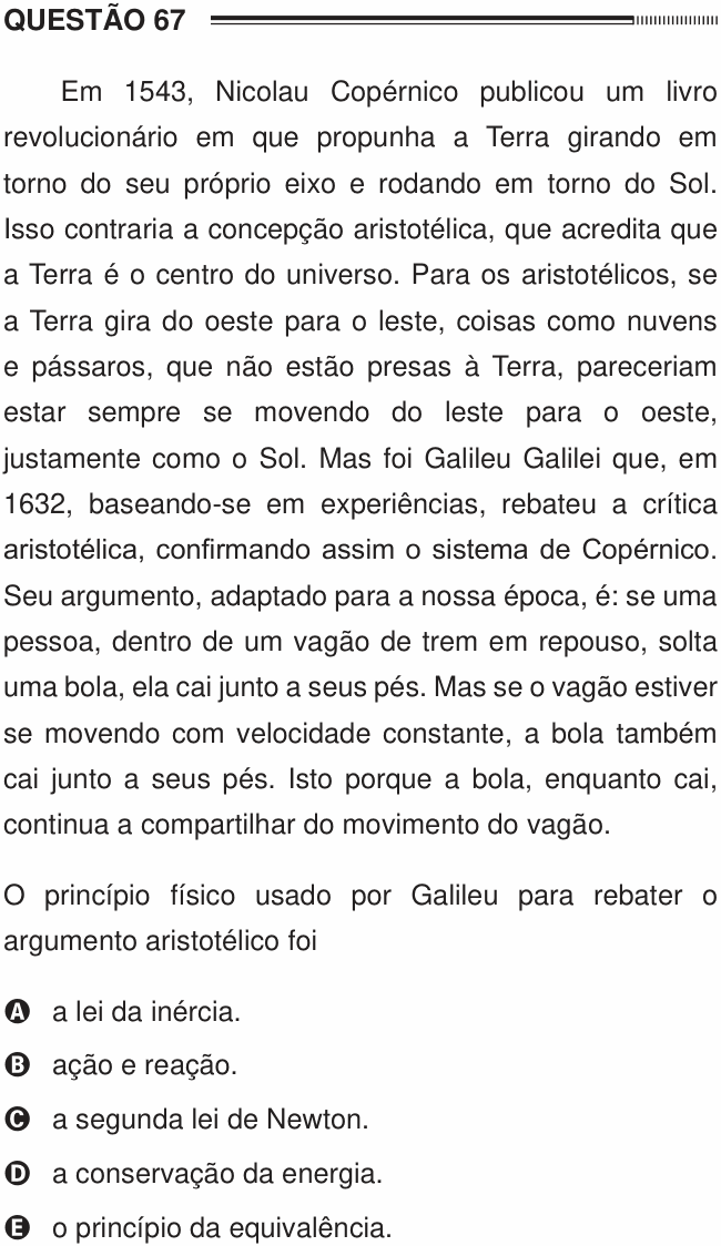 Enunciado da questão 67 de Física do ENEM 2012 PPL