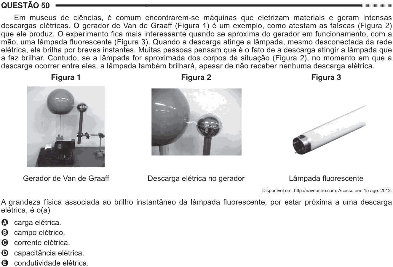 Enunciado da questão 50 de Física do ENEM 2014 PPL
