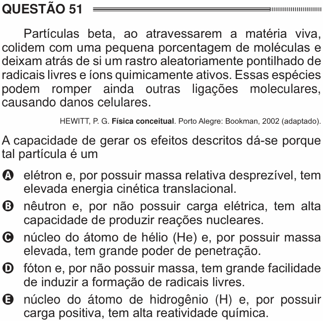 Enunciado da questão 51 de Física do ENEM 2014 PPL