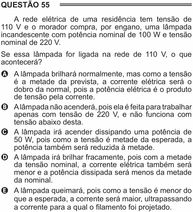 Enunciado da questão 55 de Física do ENEM 2015 PPL